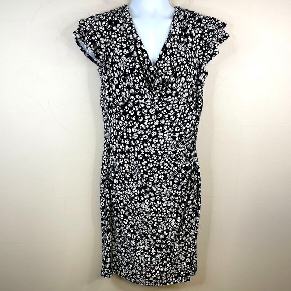 LRL Ralph Lauren Womens Faux Wrap Dress Size 16 Black Ruched Flutter Sleeve - Picture 1 of 11